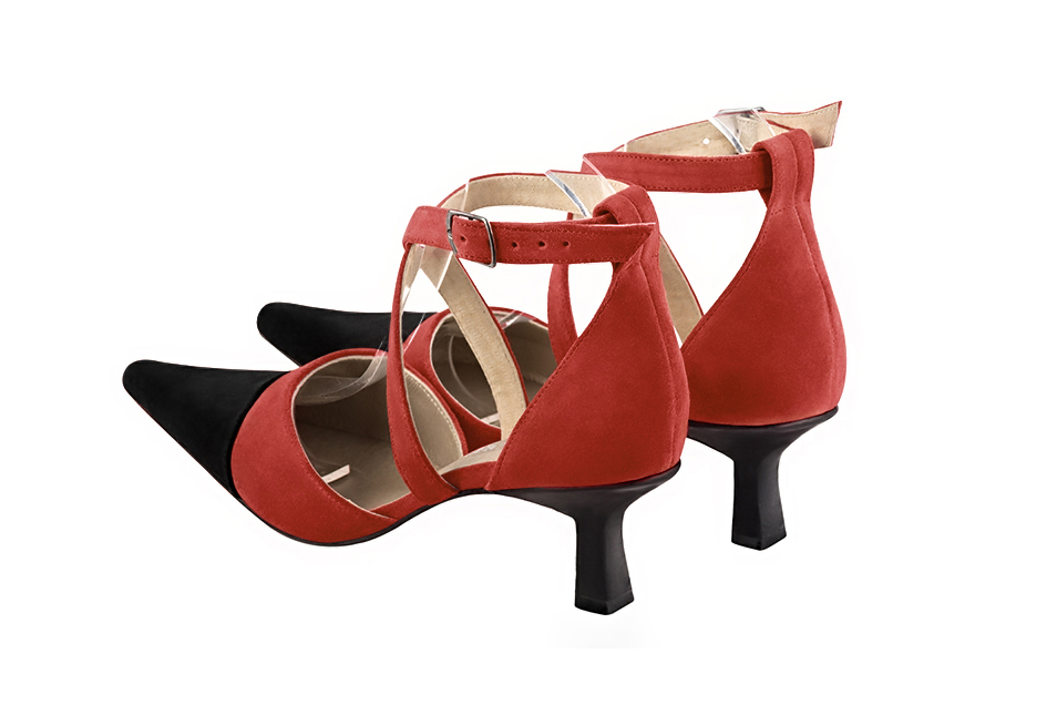 French elegance and refinement for these matt black and scarlet red dress open side shoes, with crossed straps, 
                available in many subtle leather and colour combinations. Perfect model to feminize and enhance basic outfits.
Its adjustable straps will allow you a good support.
To personalize or not, according to your outfits or your desires.  
                Matching clutches for parties, ceremonies and weddings.   
                You can customize these shoes to perfectly match your tastes or needs, and have a unique model.  
                Choice of leathers, colours, knots and heels. 
                Wide range of materials and shades carefully chosen.  
                Rich collection of flat, low, mid and high heels.  
                Small and large shoe sizes - Florence KOOIJMAN